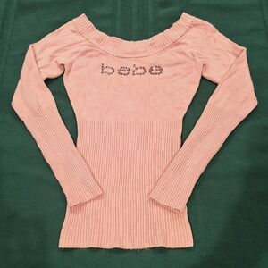 Bebe Swarovski Crystal Logo Rose Pink Boat Neck Sweater - XS/S.